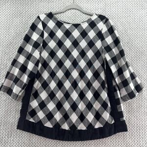 J Jill Love Linen Top Women M White Black Checked Boat Neck Lagenlook 3/4 Sleeve